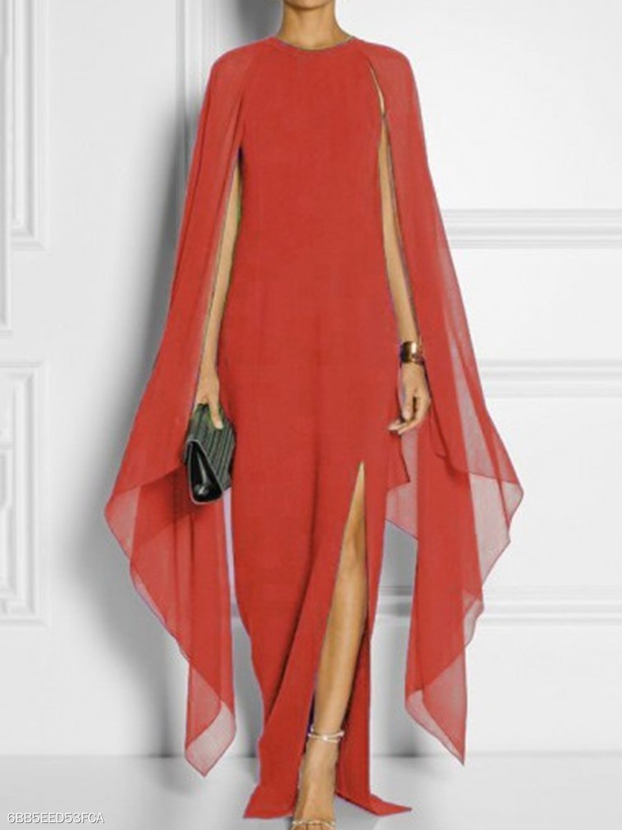 Cape Sleeve High Slit Plain Chiffon Maxi Dress