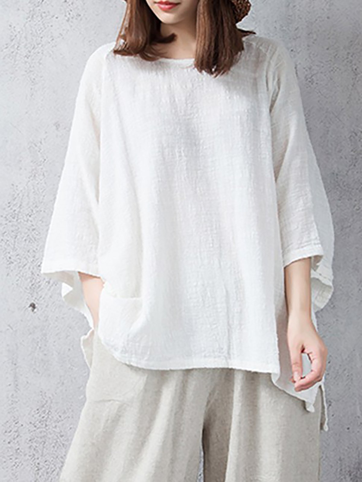 Casual Linen Crew Neck Solid Plus Size T-Shirt