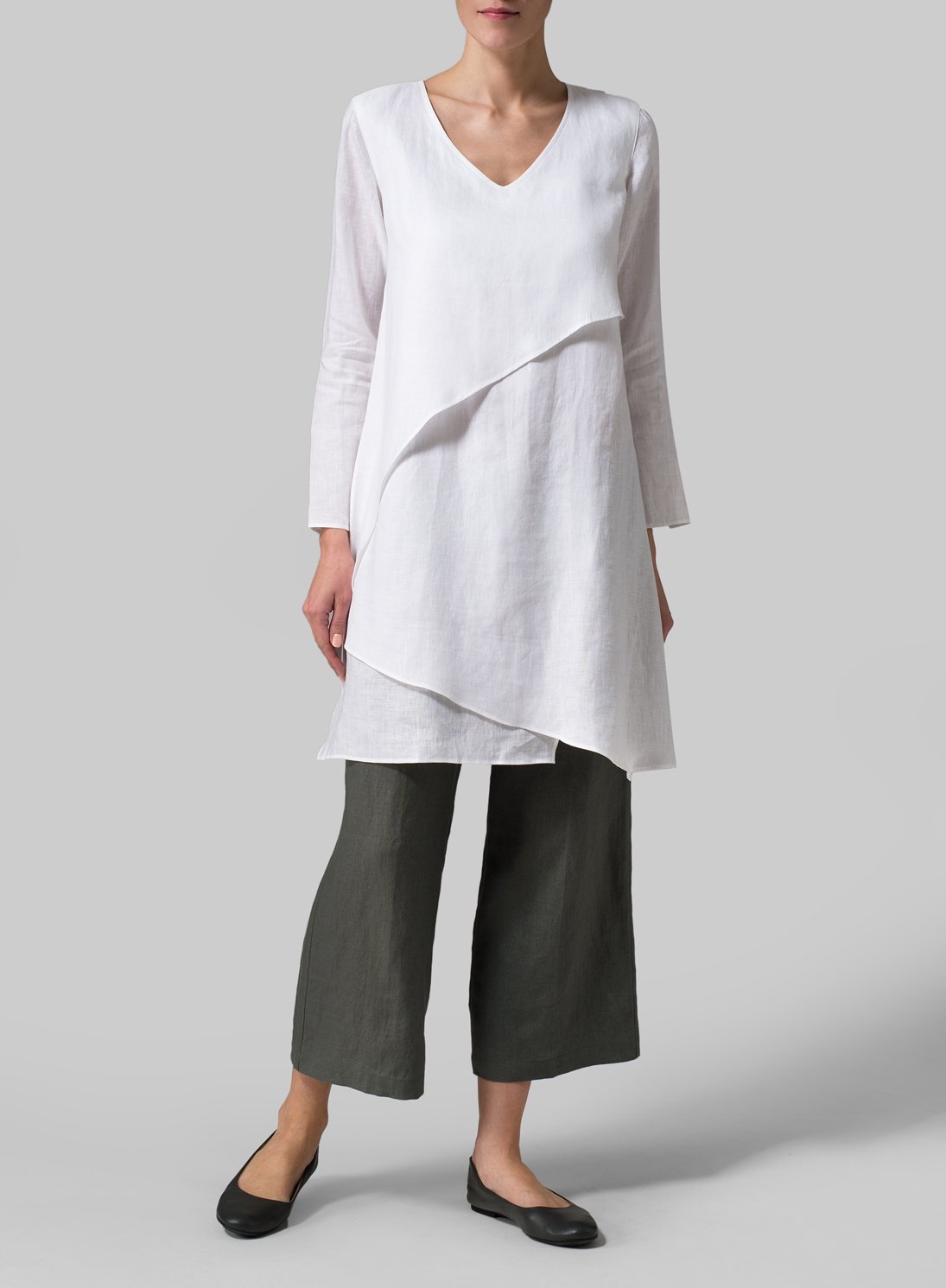 Casual Linen Solid V neck Long Sleeve Tops