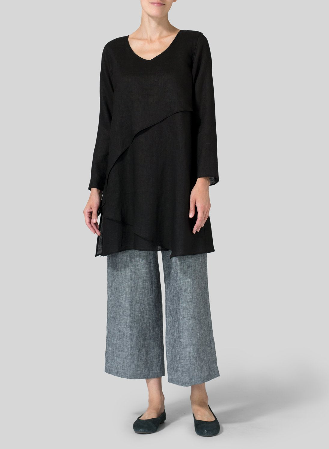 Casual Linen Solid V neck Long Sleeve Tops
