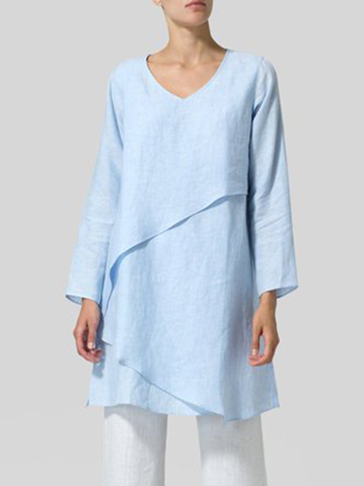 Casual Linen Solid V neck Long Sleeve Tops