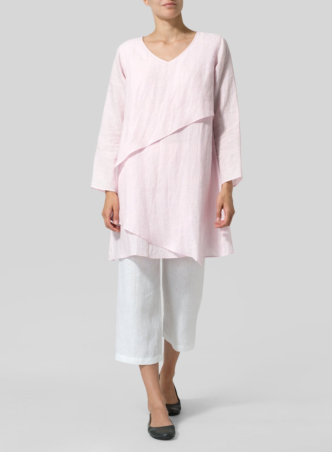 Casual Linen Solid V neck Long Sleeve Tops